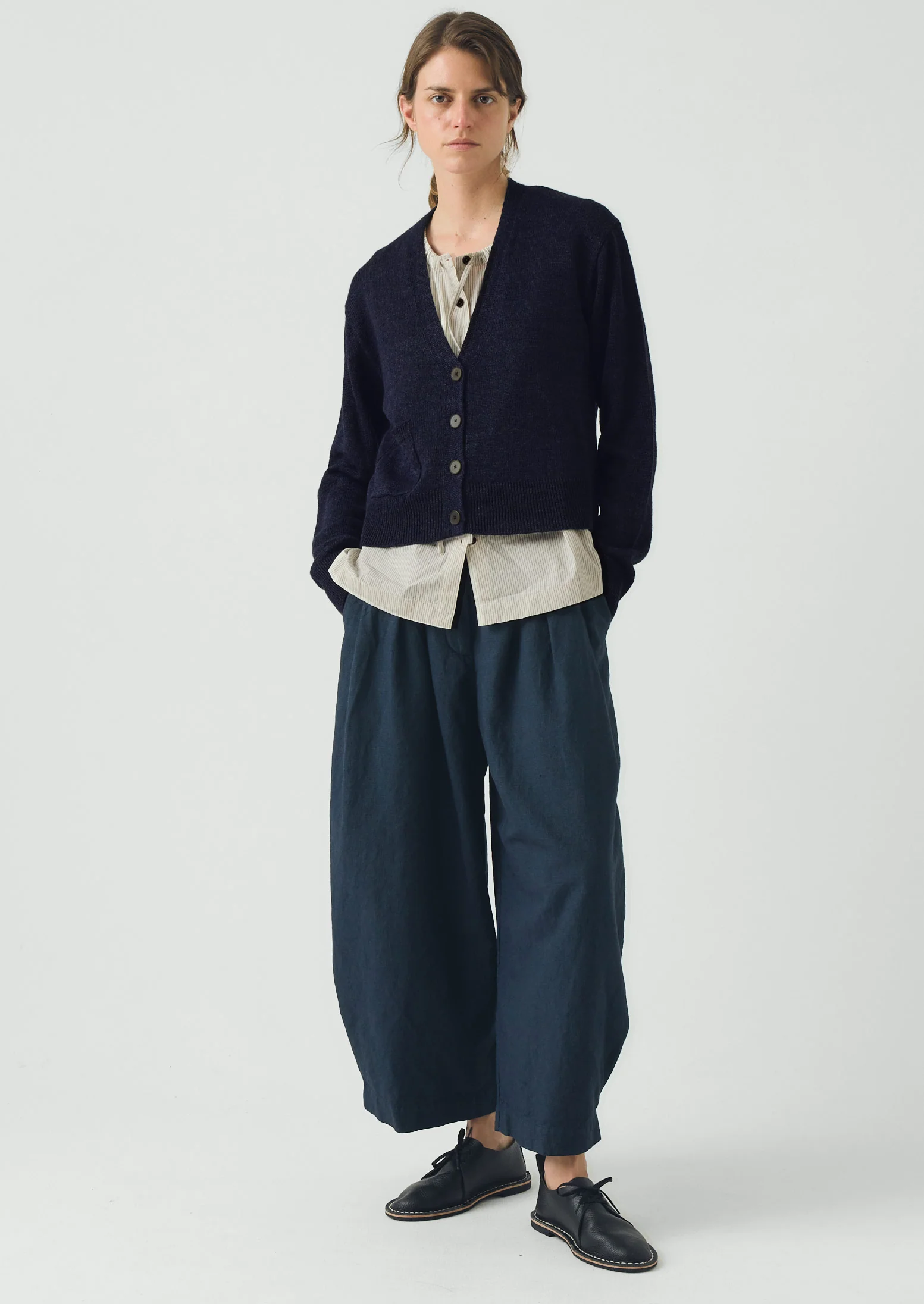 Wool Linen Patch Pocket Cardigan | Dark Navy - Image 4